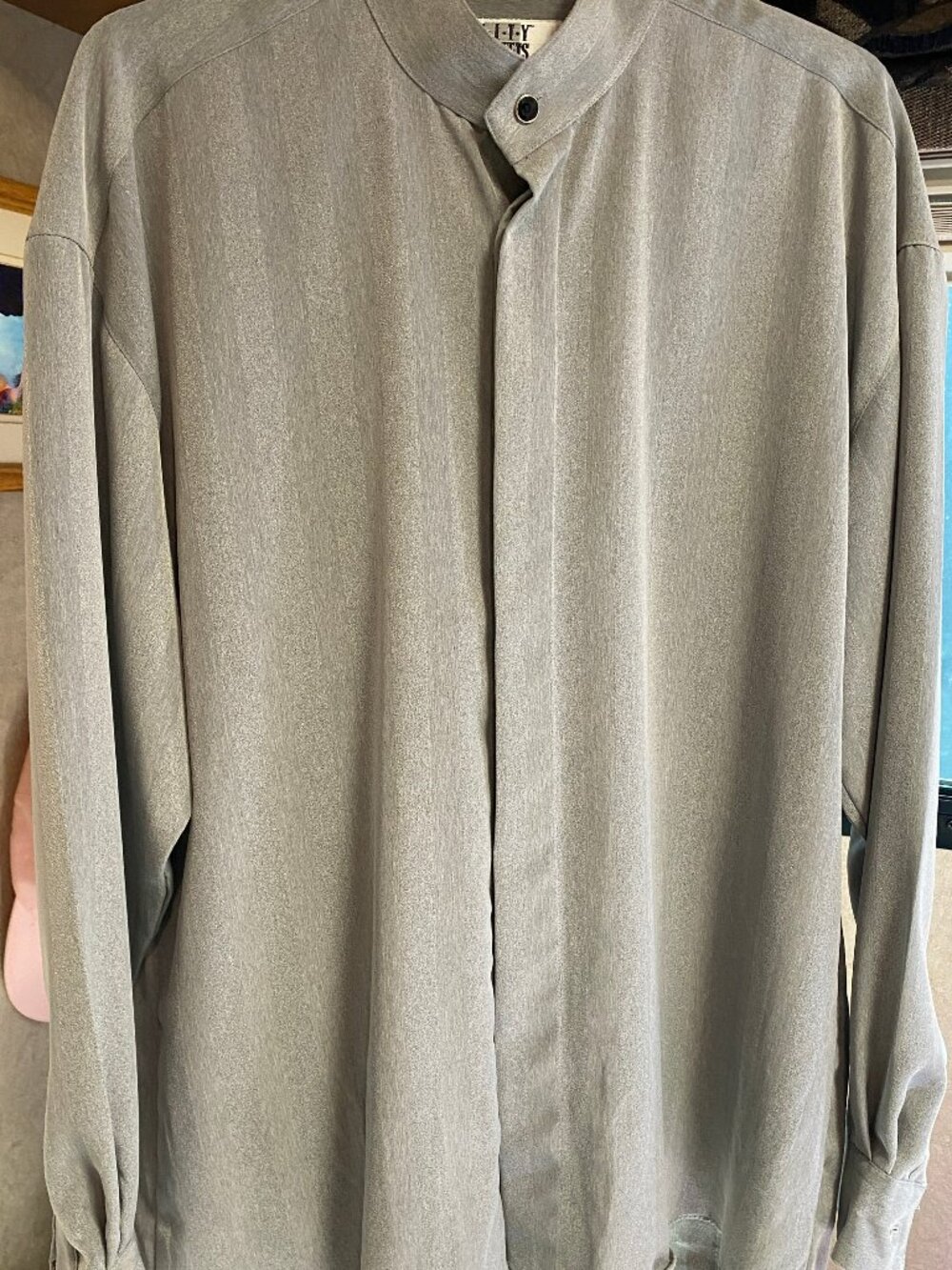 Vintage 90s City Streets Men's Medium Gray Sheen Band Collar Dress Shirt